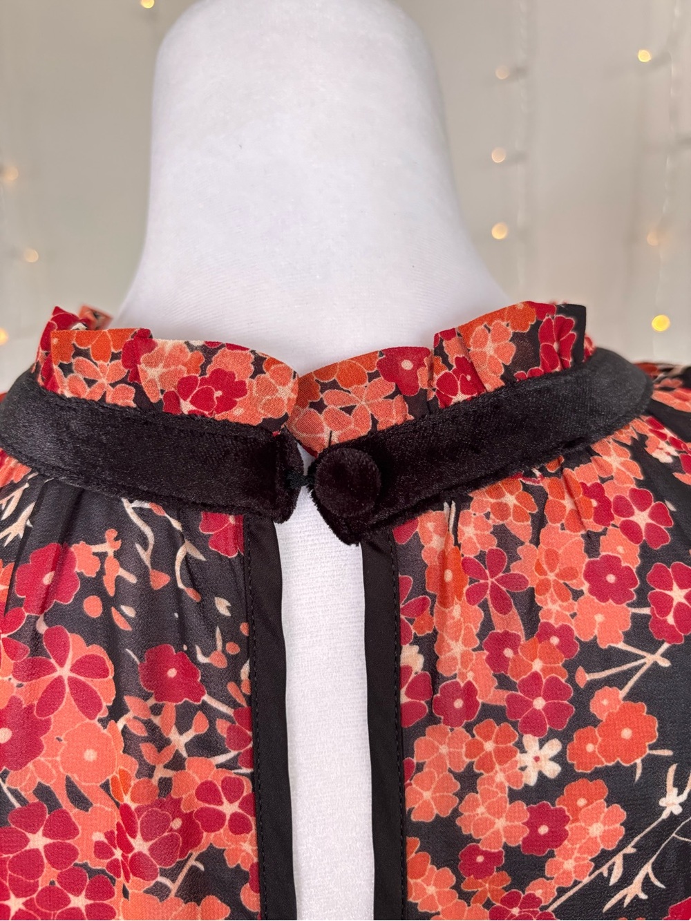 Unique Vintage Warm Floral Velvet Trim Mini Dress Cottagecore Prairie Size L - Picture 7 of 8